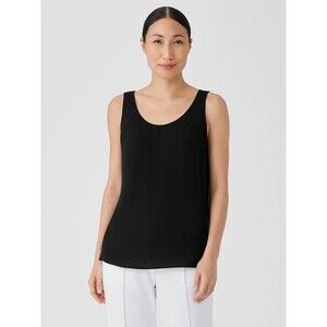 EILEEN FISHER Black Sz Medium Petite Semi Sheer Silk Sleeveless Shell Shirt